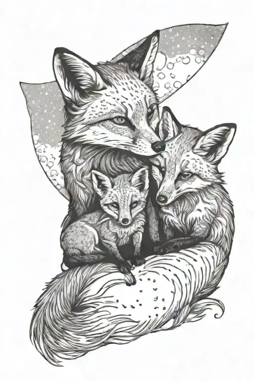 Mom And Baby Fox Sitting Together With Moon In Background