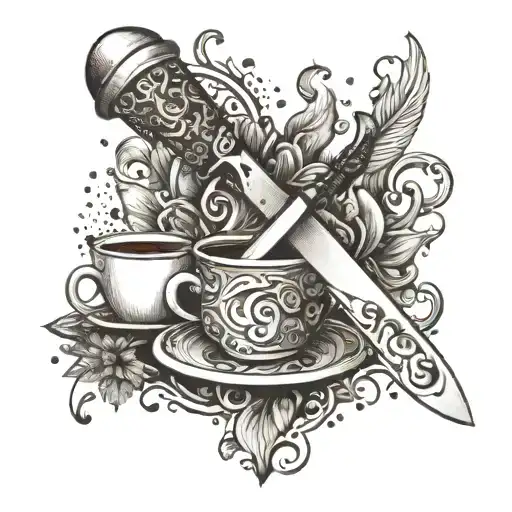 A Intricate Chef's Knife Surrounded By Coffee Cups And Music Notes