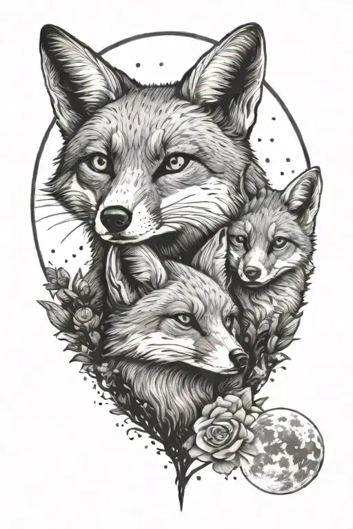 Mom And One Baby Fox Sitting Together With Moon In Background