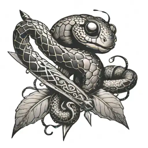 Sword With Snake Wrapped And Ladybugs Crawling