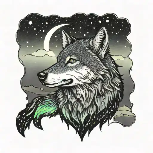 A Wolf Howling Under The Northern Lights In A Dotwork Style