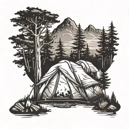 A Detailed Camping Scene With A Tent Nestled Among Towering Trees And A Glowing Campfire