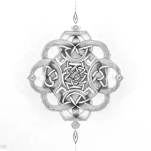 A Dotwork Tattoo Featuring A Celtic Harp Adorned With Intricate Mechanical Gears