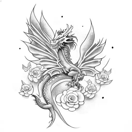 A Dragon With Beautiful Large Wings Flies Among The Flowers