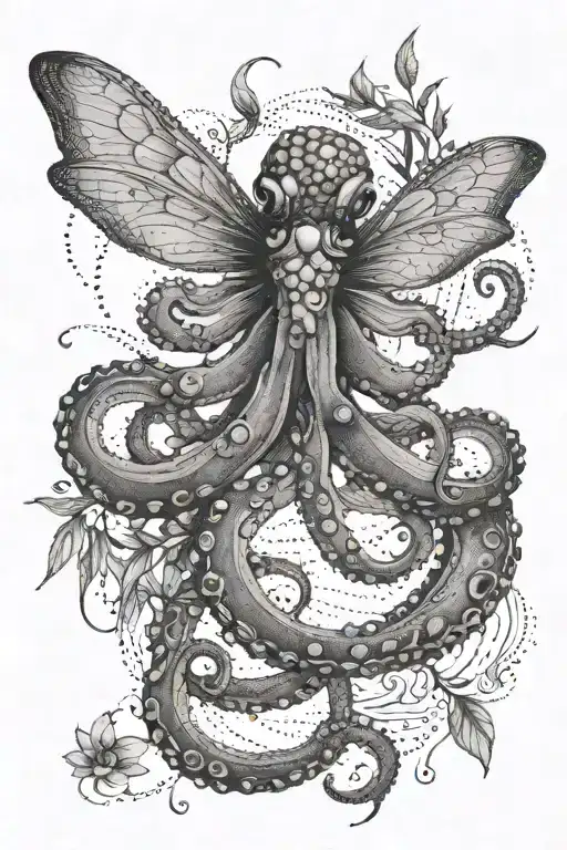 An Octopus Intertwined With A Dragonfly In A Nature-inspired Scene