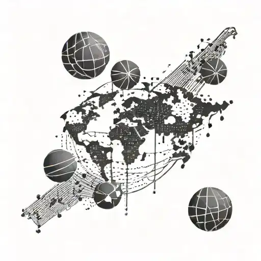 A Map Of The World With Music Notes And Basketballs Marking Different Locations