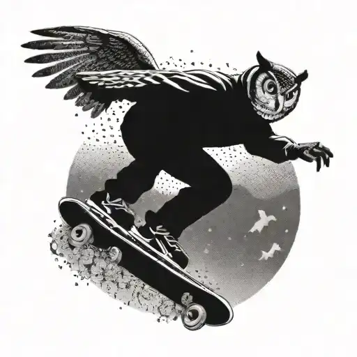 A Skateboarder Performing A Kickflip Surrounded By Owl Silhouettes