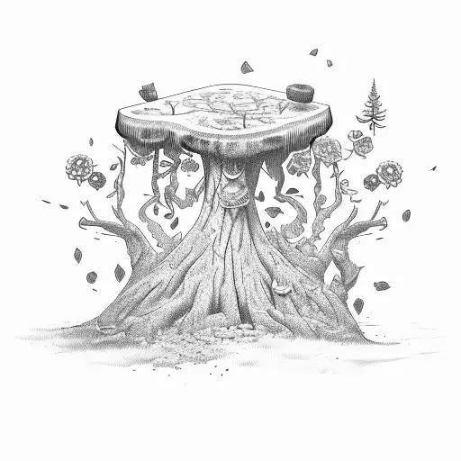Tree Stump With Flowers Around The Base And An Axe On Top Of Tree Stump