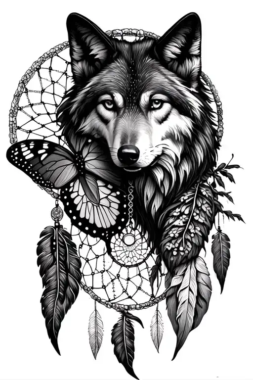 Dream Catcher With Half A Butterfly And Half Of A Wolf Inside