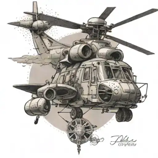 A Dotwork Tattoo Of A Military Helicopter Surrounded By Religious Symbols
