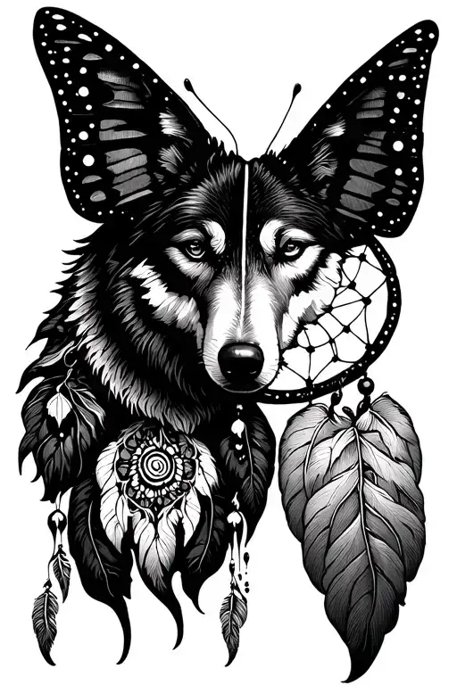Dream Catcher With Half A Butterfly And Half Of A Wolf Inside Symetrical