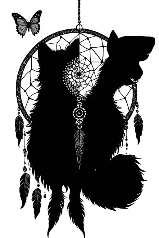 Dream Catcher With Half A Butterfly And Half Of A Wolf Inside The Dreamcatcher