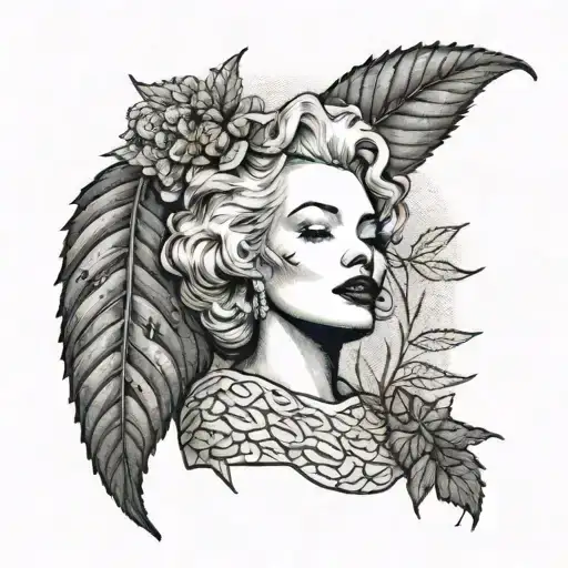 A Dotwork Tattoo Of Marilyn Monroe Knitting A Cannabis Leaf Pattern
