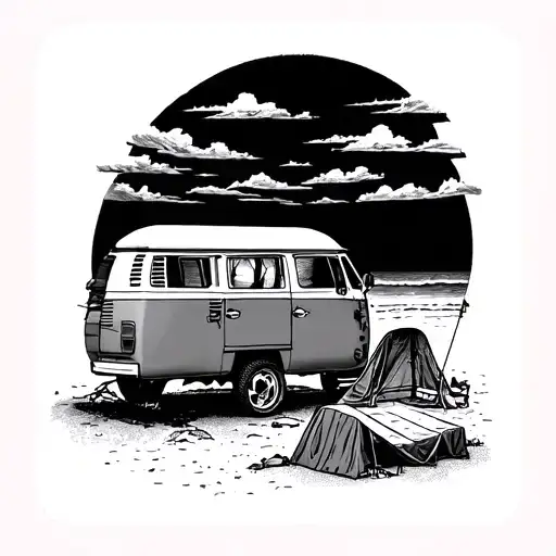 A Campsite On A Beach With Van Parked Nearby