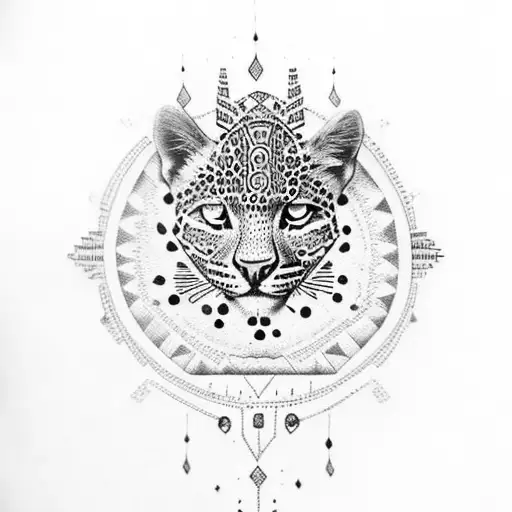 Aztec Woman And A Leopard Beside Her