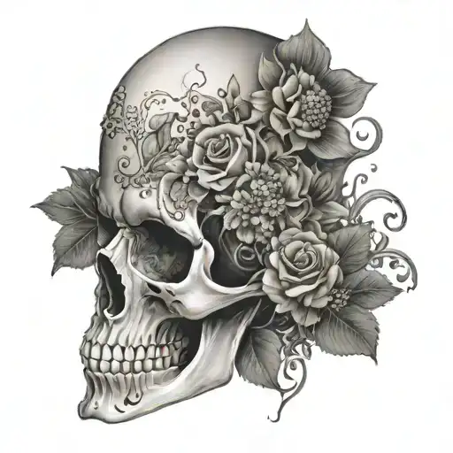 A Dotwork Tattoo Of A Skull With Ghostly Flowers Blooming From Its Eye Sockets