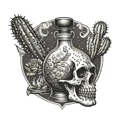 A Dotwork Tattoo Of A Potion Bottle With A Skull And Cactuses Intertwined