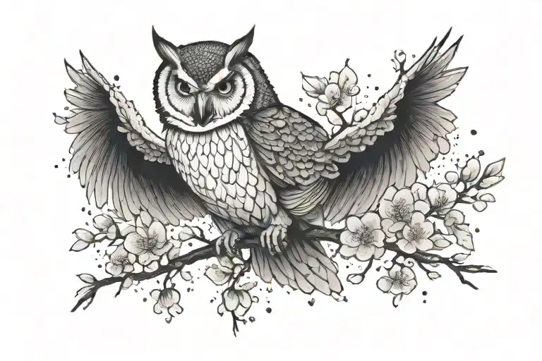 Hybrid Of Kenpachi Zaraki And Owl With Japanese Cherry Blossoms