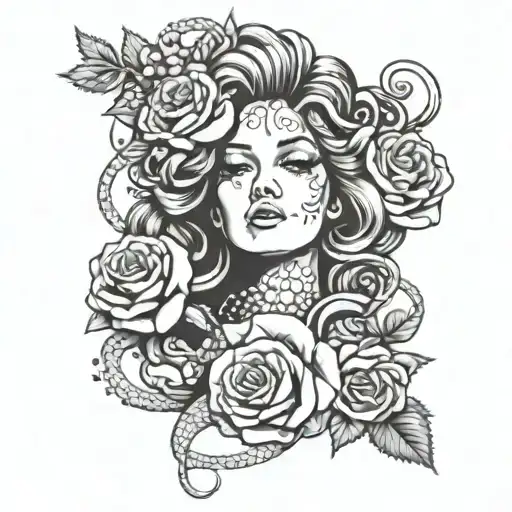 A Geometric Medusa Design With Roses Scattered Around Her Face