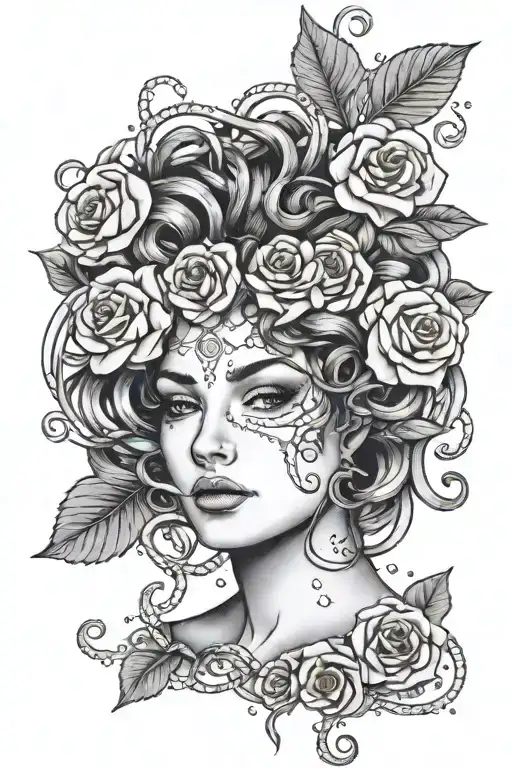 A Geometric Medusa Design With Roses Scattered Around Her Face