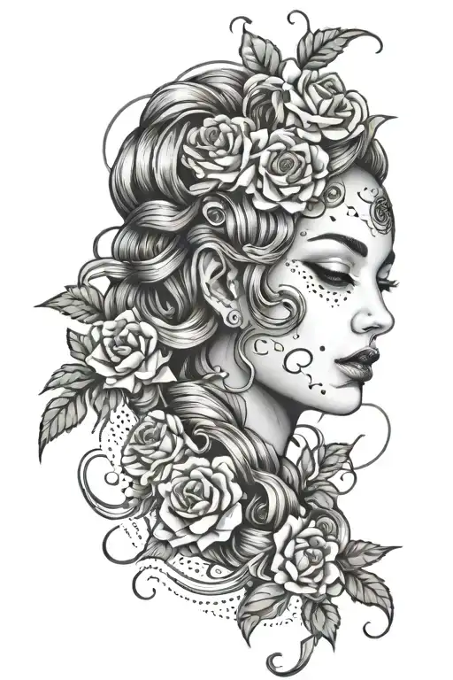 A Geometric Medusa Design With Roses Scattered Around Her Face