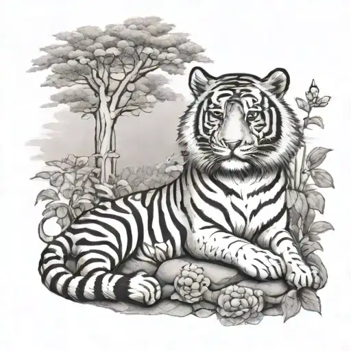A Tiger Meditating In A Serene Buddhist Temple Garden