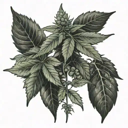 A Dotwork Tattoo Of A Cannabis Plant Growing In A Lush Garden