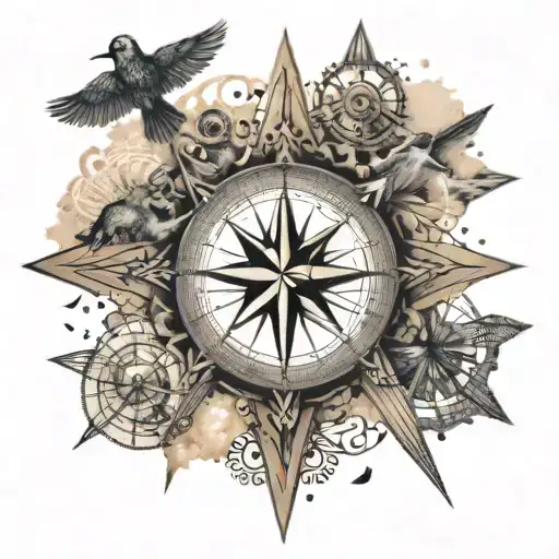 An Intricate Compass Tattoo With Animal Silhouettes Representing Different Travel Destinations