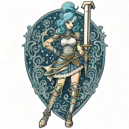 Full-body Blue-haired Woman Knight Carrying A Hammer