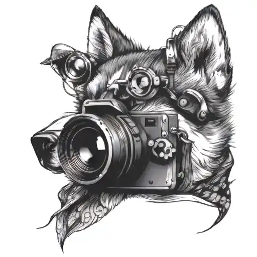 Design A Tattoo Of A Husky Wearing A Camera Around Its Neck In A Anime-style Fashion