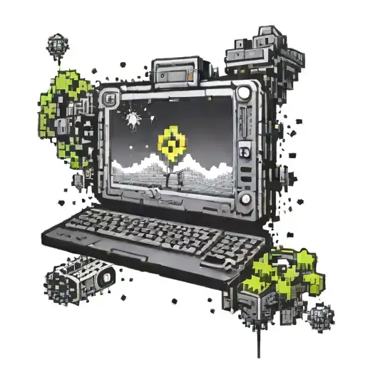 Create A Tattoo Featuring A Pixelated Laptop Surrounded By Iconic Gaming Symbols