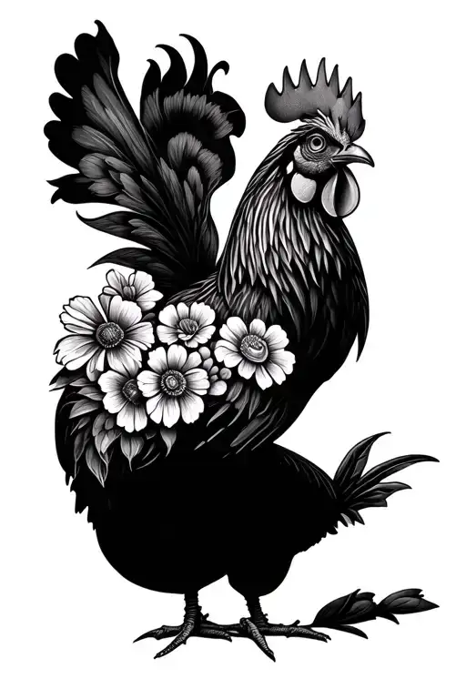 Rooster Standing Proudly Flowers Wrapped