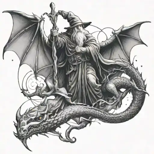 A Lord Of The Rings Inspired Design Featuring A Powerful Wizard And A Dragon In Battle