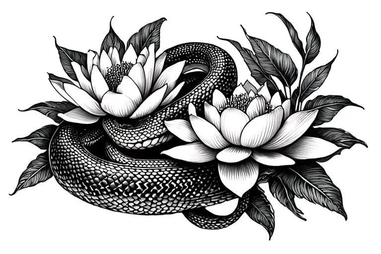 Snake And Flowers Blooming Lotus Flower