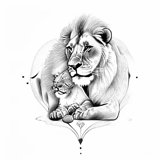 Couple Lion And Lion Female With Their Baby Under