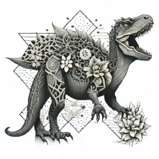 An Abstract Geometric Pattern Incorporating Dinosaur Shapes And Flower Motifs
