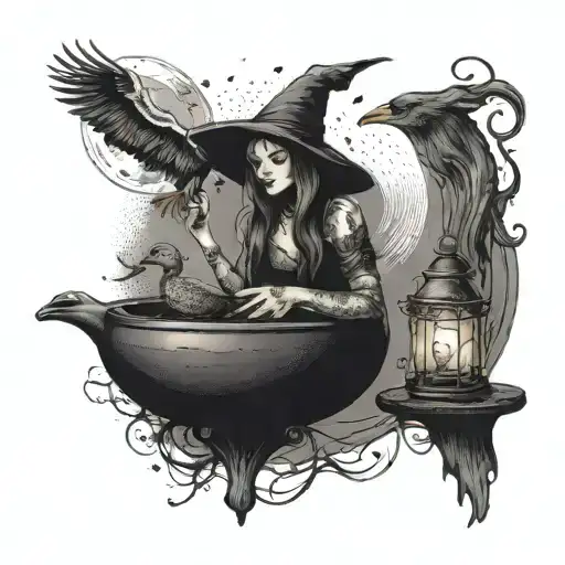 A Witch Brewing Potions Under A Full Moon With A Duck Familiar By Her Side