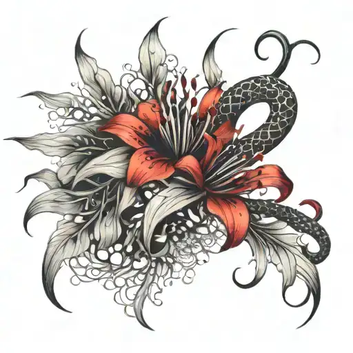 A Medusaintertwined With Red Spider Lily Flowers And Snakes Turning Into Upper Arm