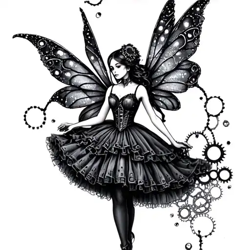 A Gothic Fairy With Mechanical Wings And Gears As Part Of Her Dress