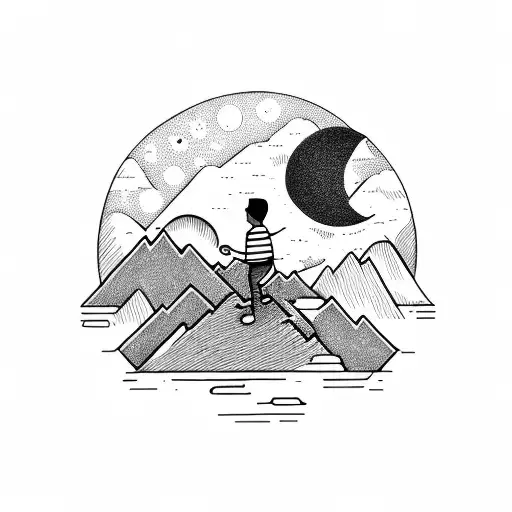 Boy Looking At The Moon With Mountains In Background