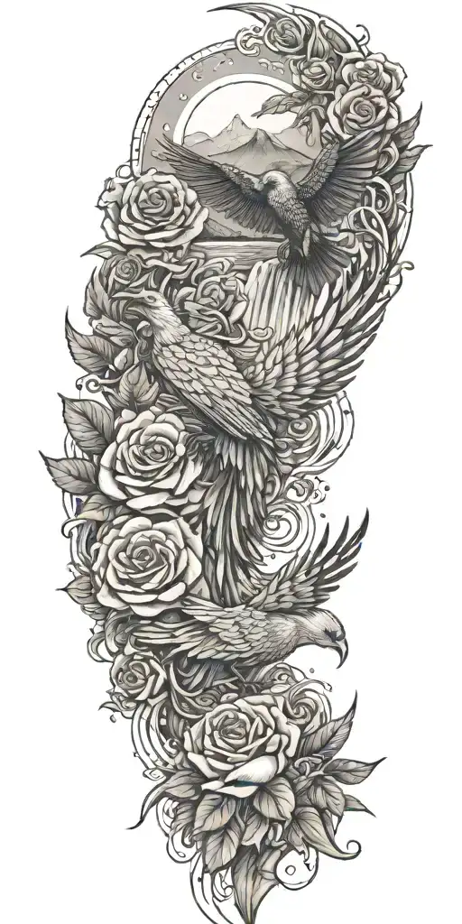 Roses And A Phoenix With A Waterfall And Mountains