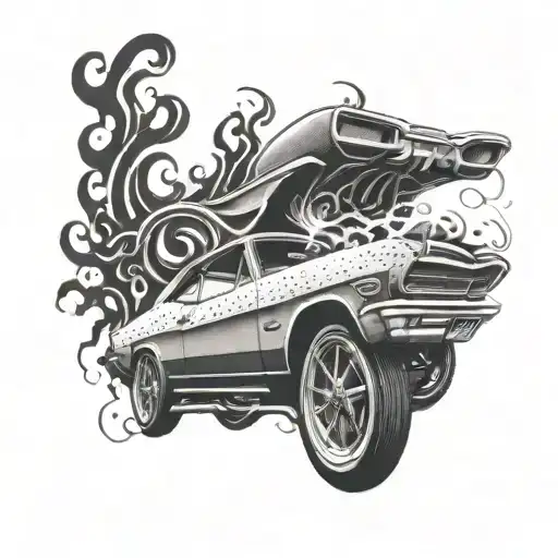An Intricate Dotwork Tattoo Of A Vintage Muscle Car With Flames Shooting Out Of The Exhaust Pipes