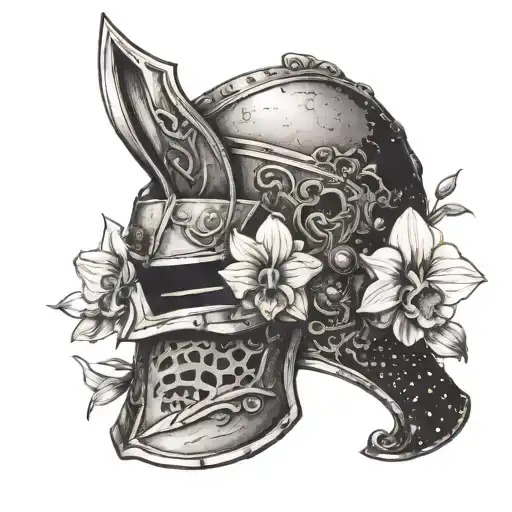 Knight's Helm With Orchid Flower And Sun Setting