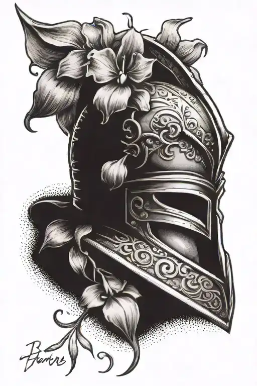 Greek Knight's Helmet With Orchid Flower And Sun Setting