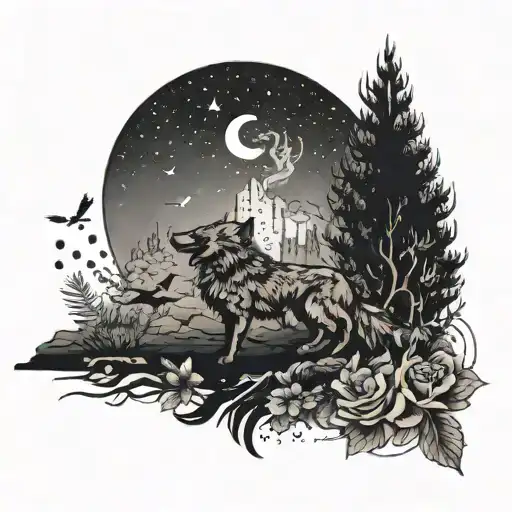 An Anime-inspired Tattoo Featuring A Dutch Shepherd And A Crow In A Mystical Setting