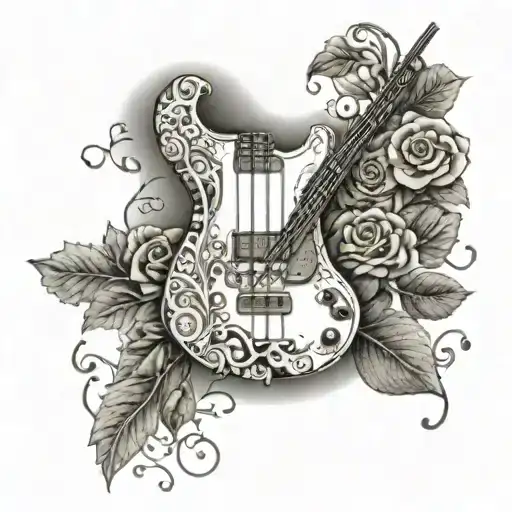 A Dotwork Tattoo Of A Bass Guitar Intertwined With Blooming Flowers And Vines