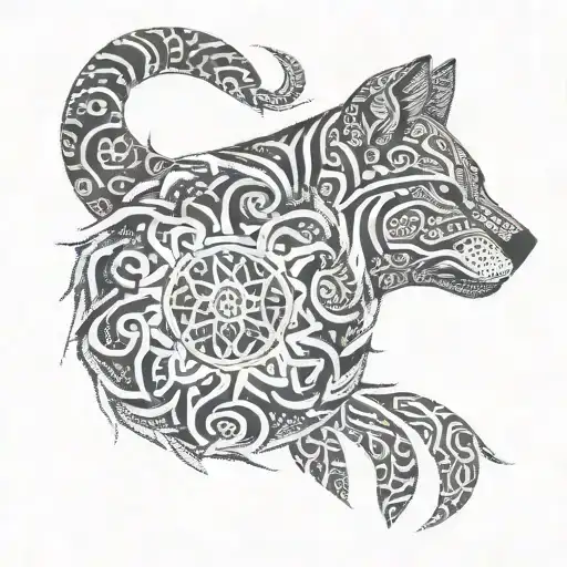 A Fusion Of Maori Patterns And Animal Paw Prints In A Dotwork Style