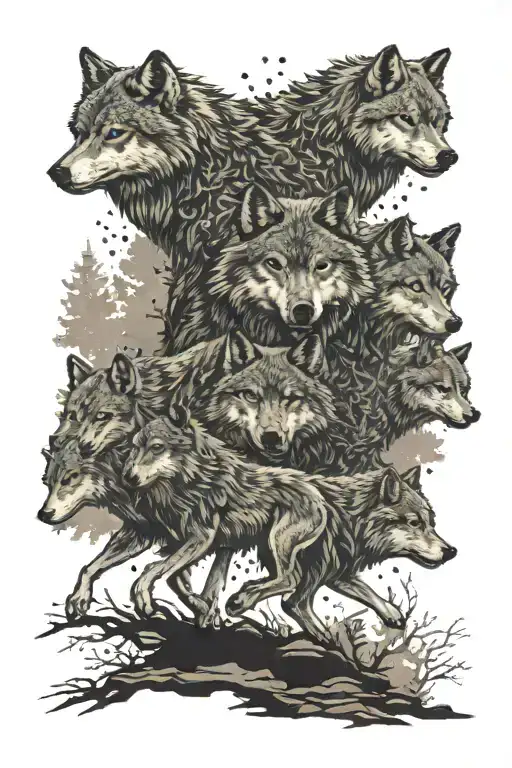 A Pack Of Wolves Running Through A Forest In A Dotwork Style