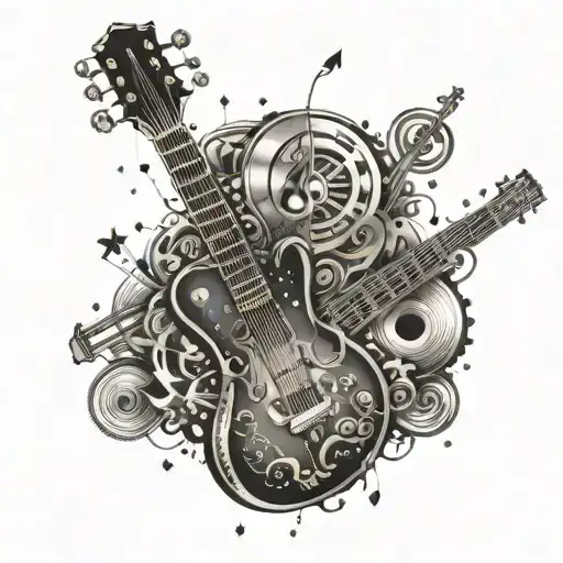 A Music Themed Tattoo With A Mix Of Musical Notes And Instruments