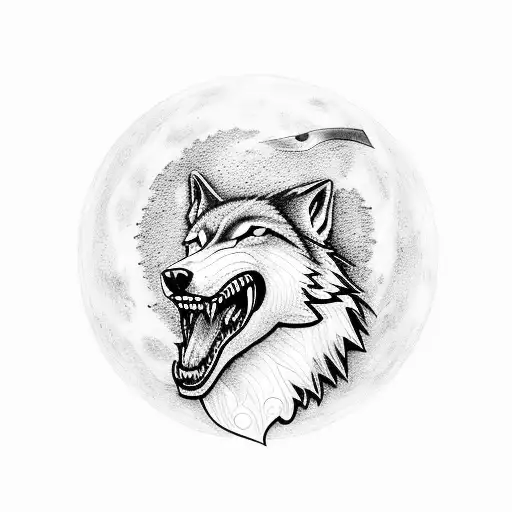 A Wolf Howling At A Full Moon With A Sword In Its Mouth